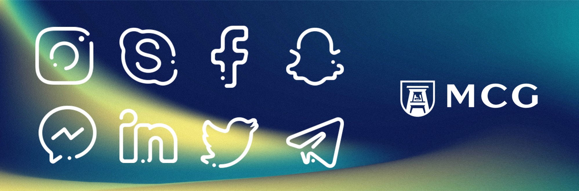 Various social media icons float alongside the Augusta University Belltower logo with the letters MCG for Medical College of Georgia on a colorful background