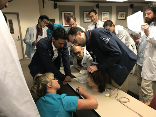 Residents looking at a dummy head with an instructor holding the head.