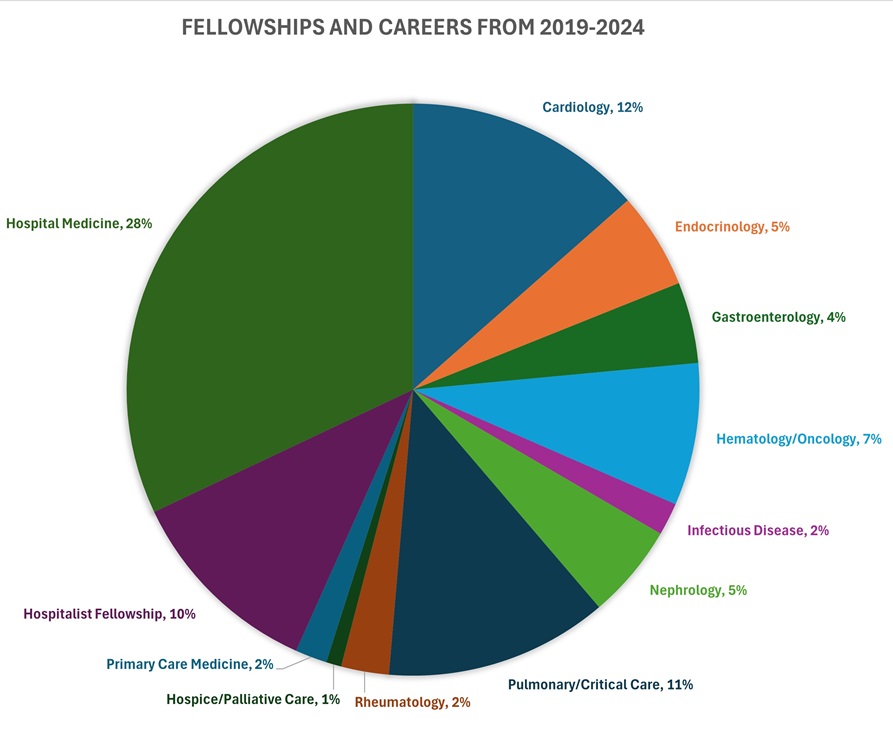 pie chart showing fellowship and career numbers for  internal medicine