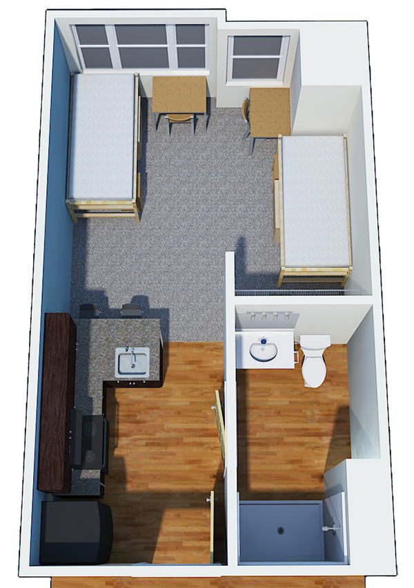 Double Studio open room with two twin beds and shared bathroom and kitchen for two people