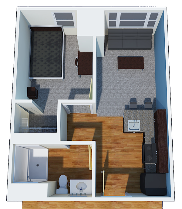1 bedroom apartment with bathroom and kitchen