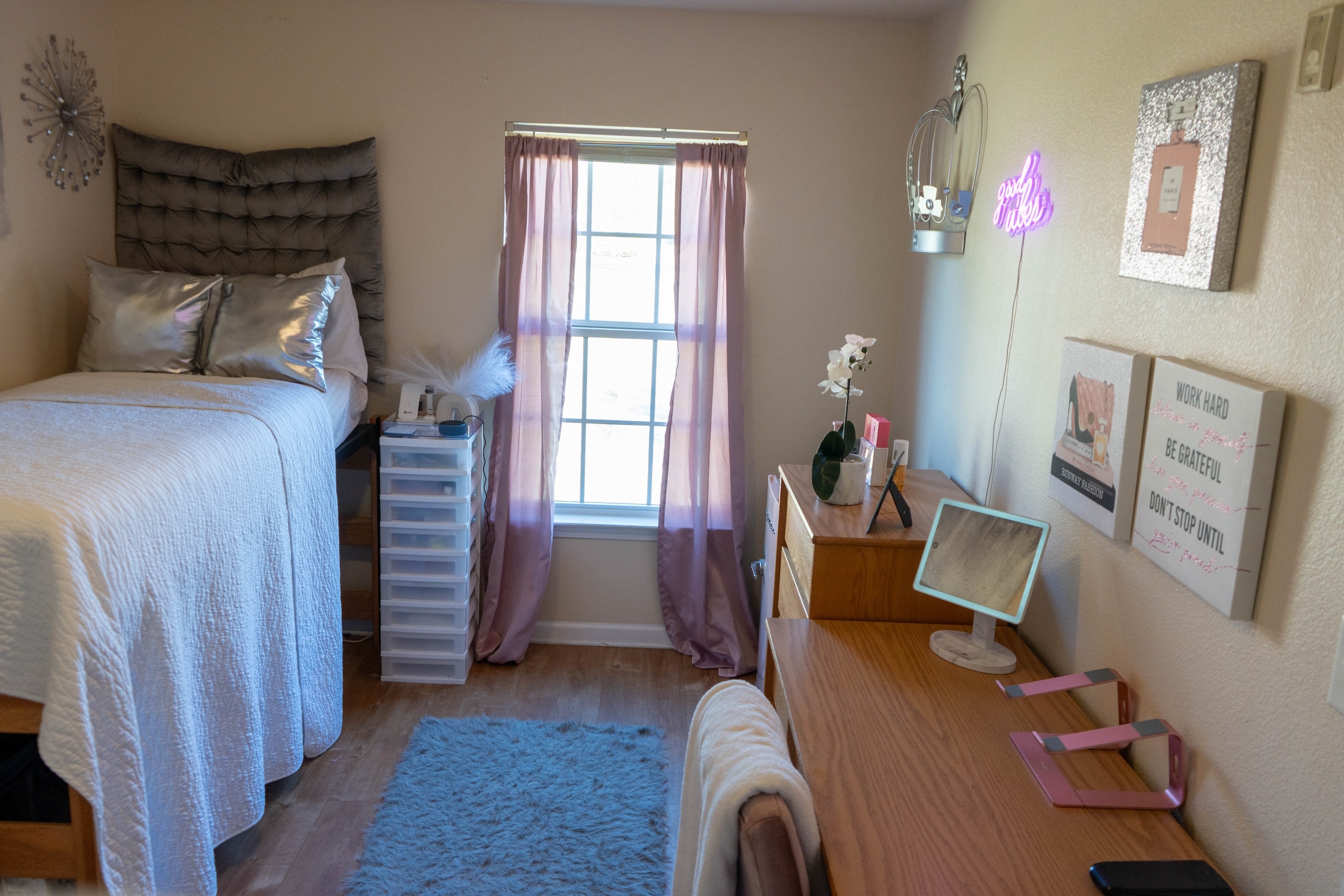 Decorated student bedroom with bed, pink curtains, blue rug and paintings.