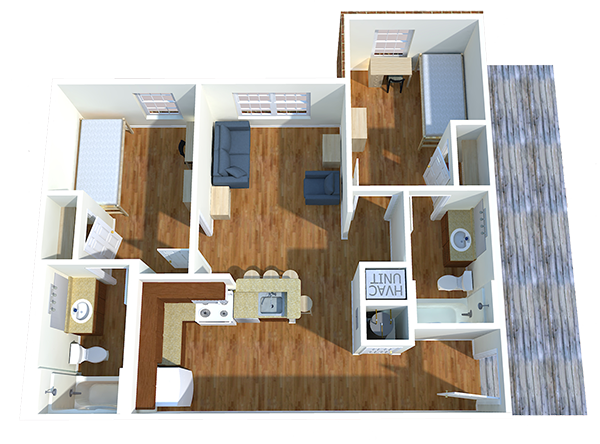 2 bedroom suite floor plan at Unviersity Village