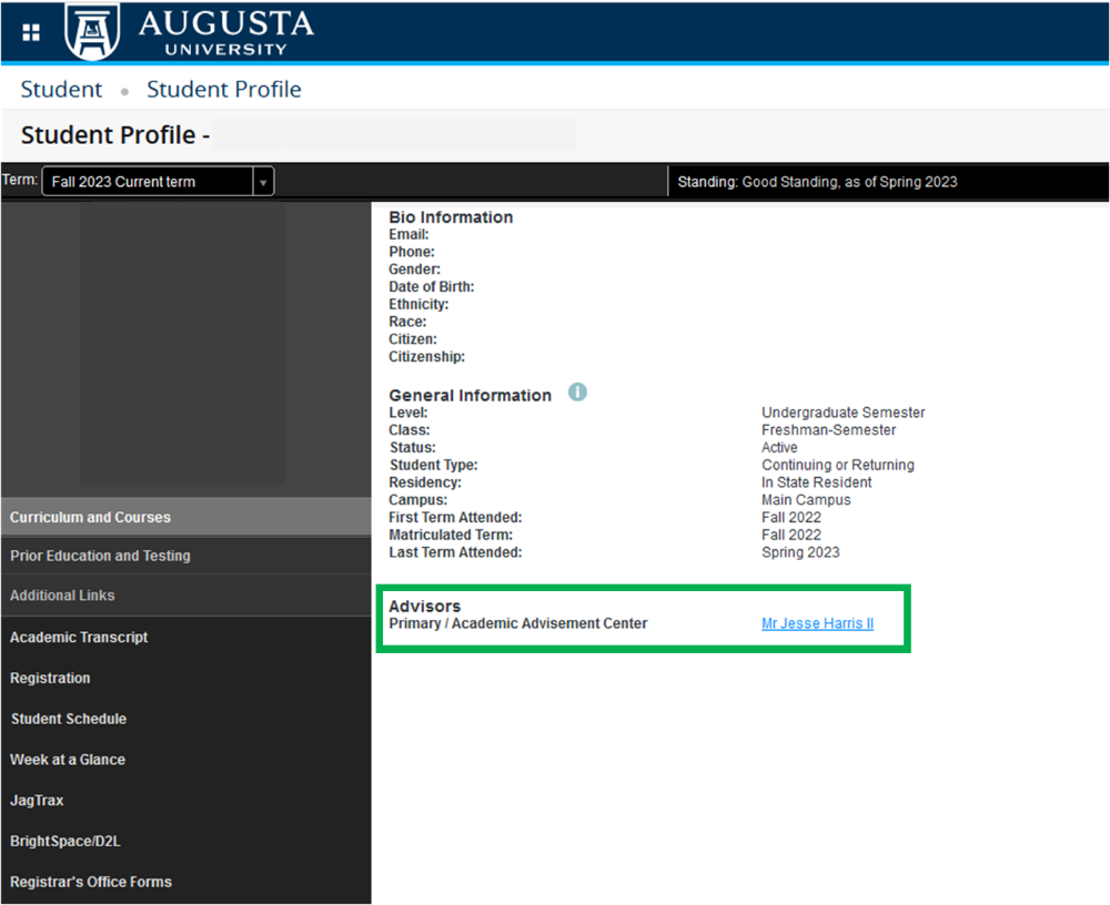 Screenshot of student profile, outlining advisor assignment.