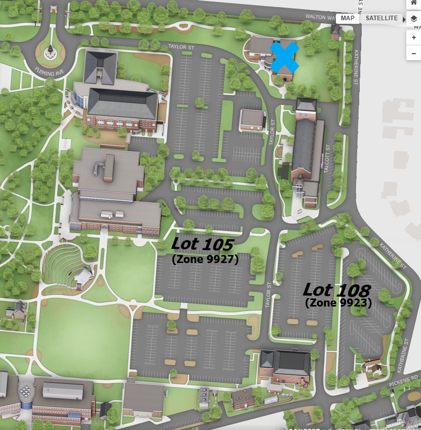 TDS Summerville Parking Map Map for where to park for testing and disablilities services on Summerville Campus